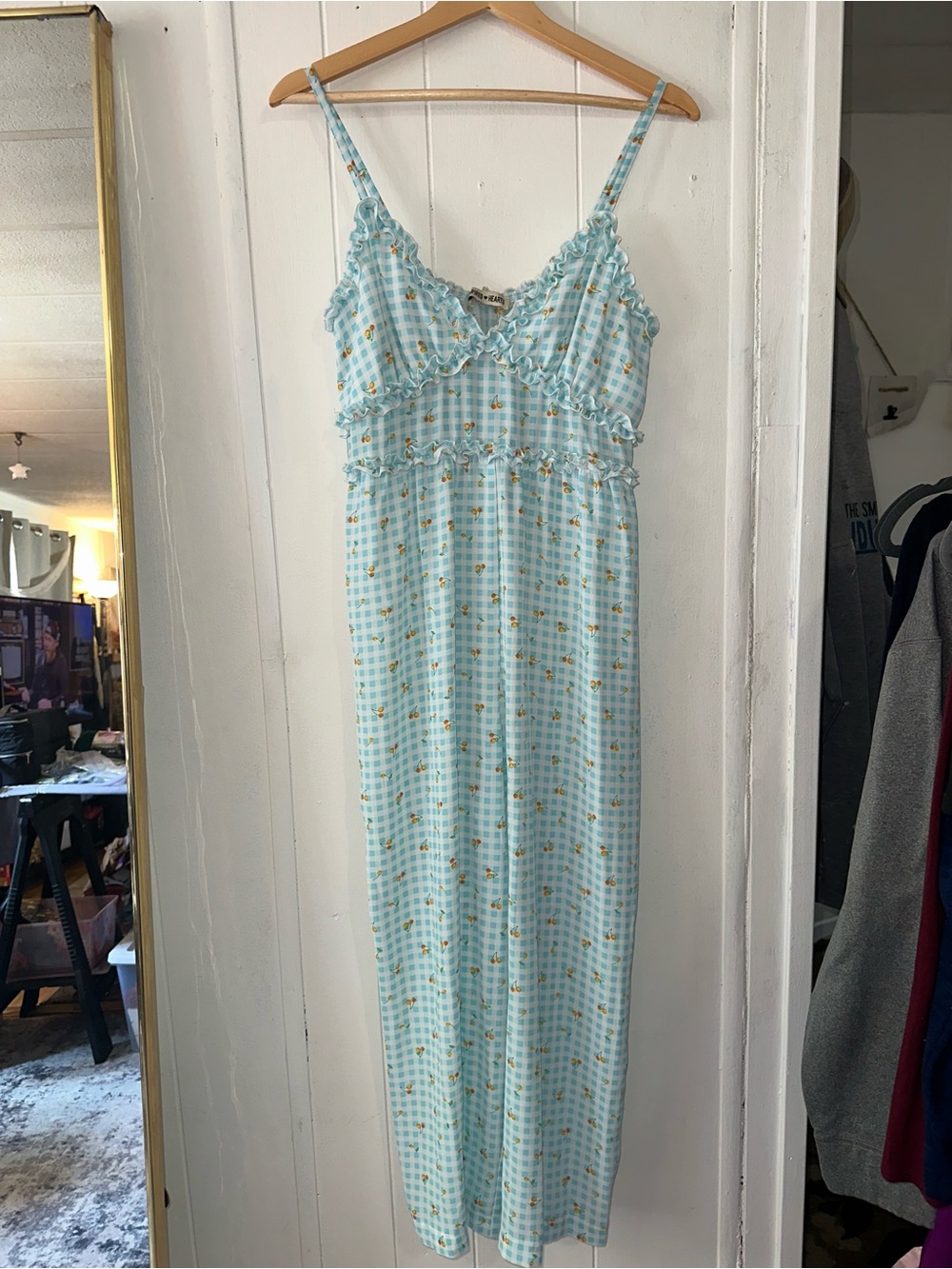 Paper heart Light Blue Gingham Cherry Jumpsuit size small